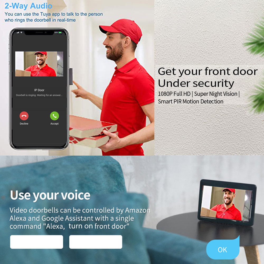 1080P 7 inci WiFi Video Interc - Smart Doorbell Wired ulasan dan harga